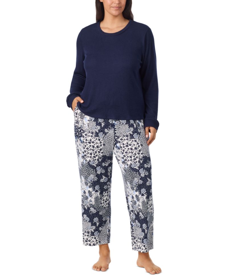 Women's Long-Sleeve Patchwork Floral Pajama Set, 2-Piece
