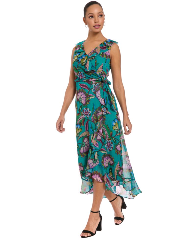 Petite Ruffle Trim Surplice Neck High-Low Dress