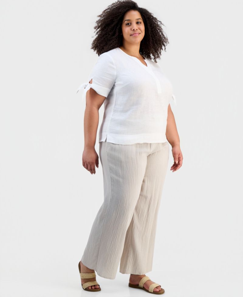 Plus Size 100% Linen Split-Neck Tie-Cuff Top