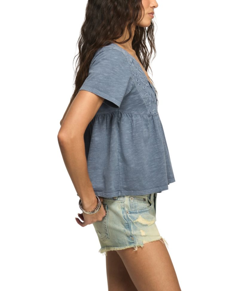 Women's Short-Sleeve Embroidered Yoke Tassel Top