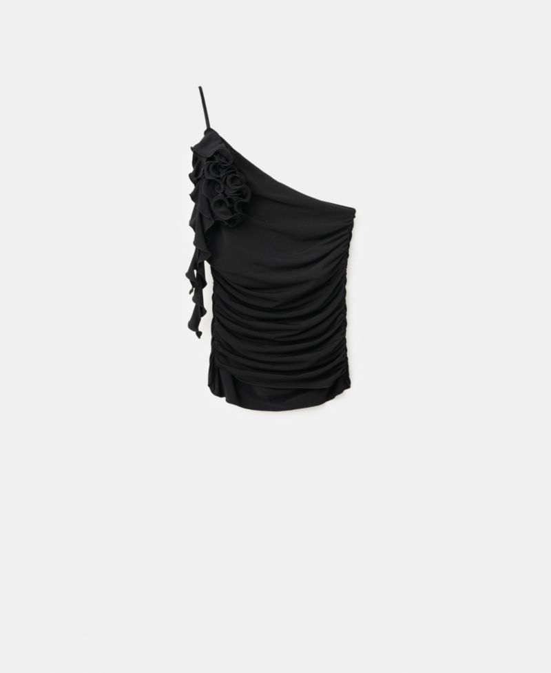 Women's Ruffle Trim Ruched Asymmetrical Top