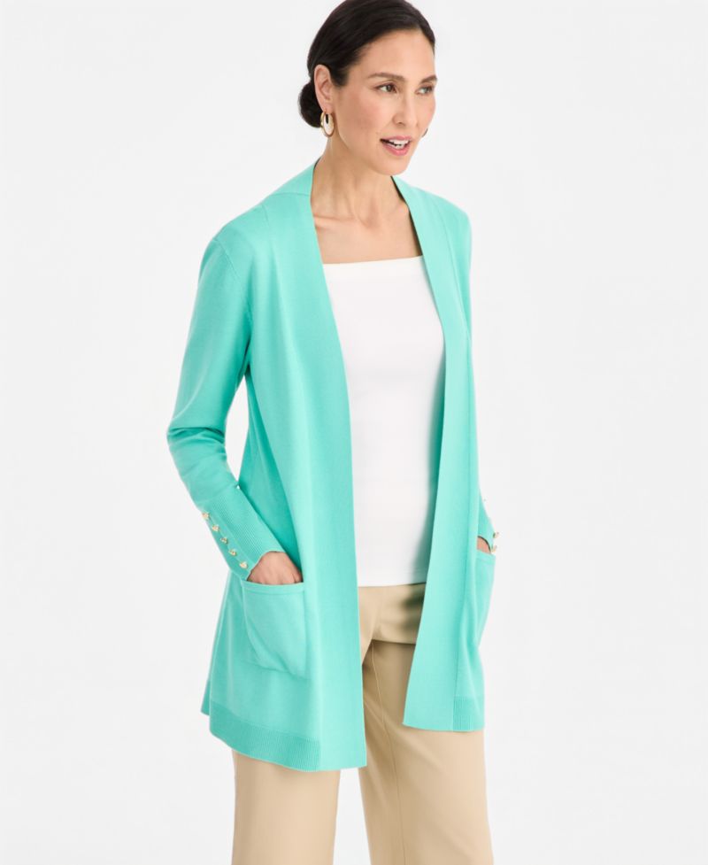 Petite Open-Front Button-Cuff Cardigan Sweater