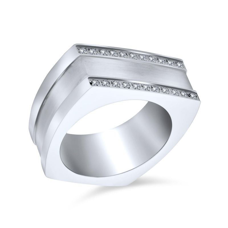 Greek Key Geometric Pave CZ Accent Cubic Zirconia Cross Mens Rectangle Signet Statement Band Ring For Men Stainless Steel