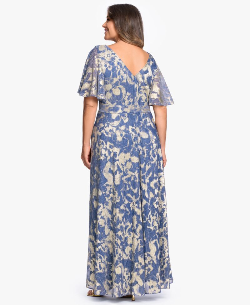 Plus Size V-Neck Foil Printed Gown