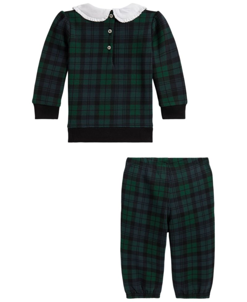 Baby Girls' Dog-Print Plaid Fleece Sweatshirt and Pants, 2-Piece Set