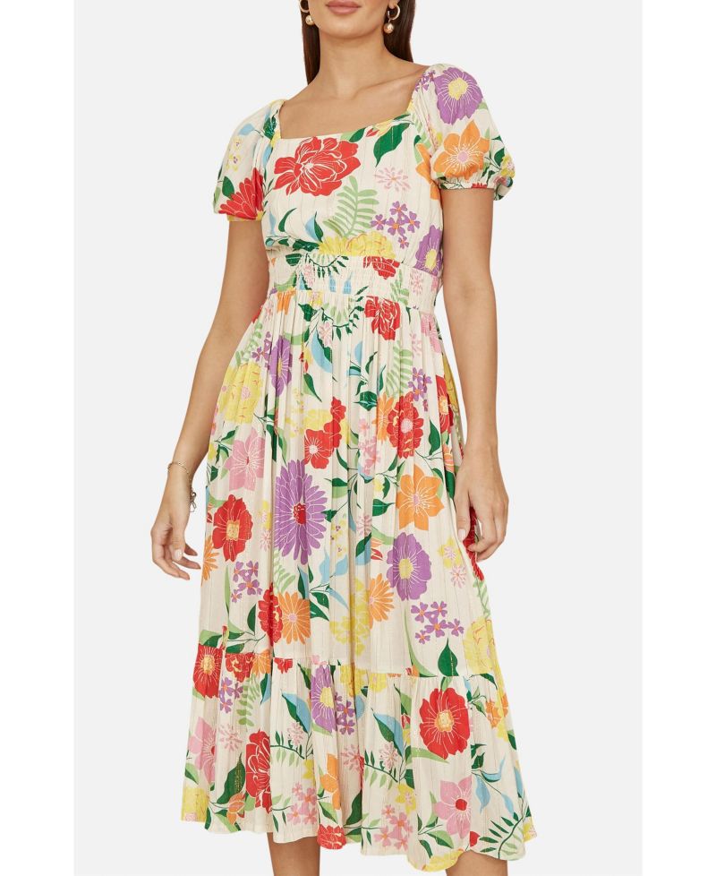 Women's Short Sleeve Square Neck Midi Dress