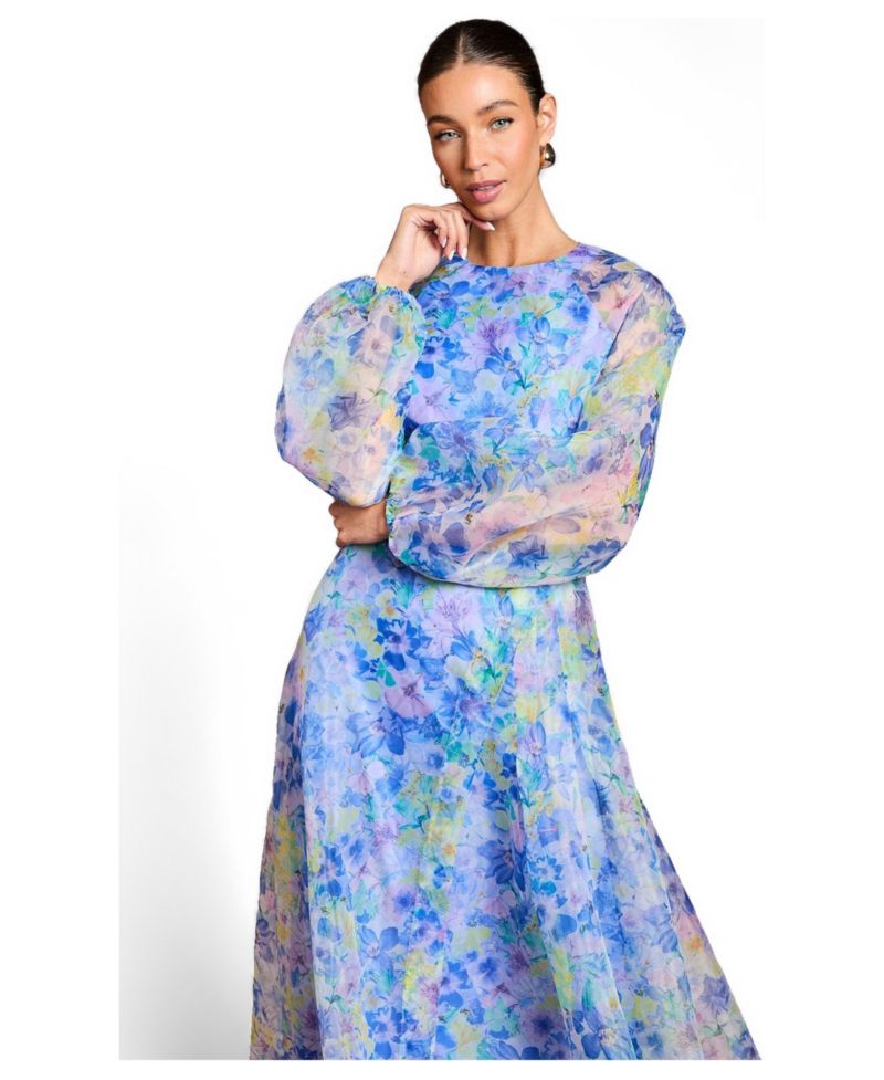 Organza Floral Puff Sleeve Midi Dress