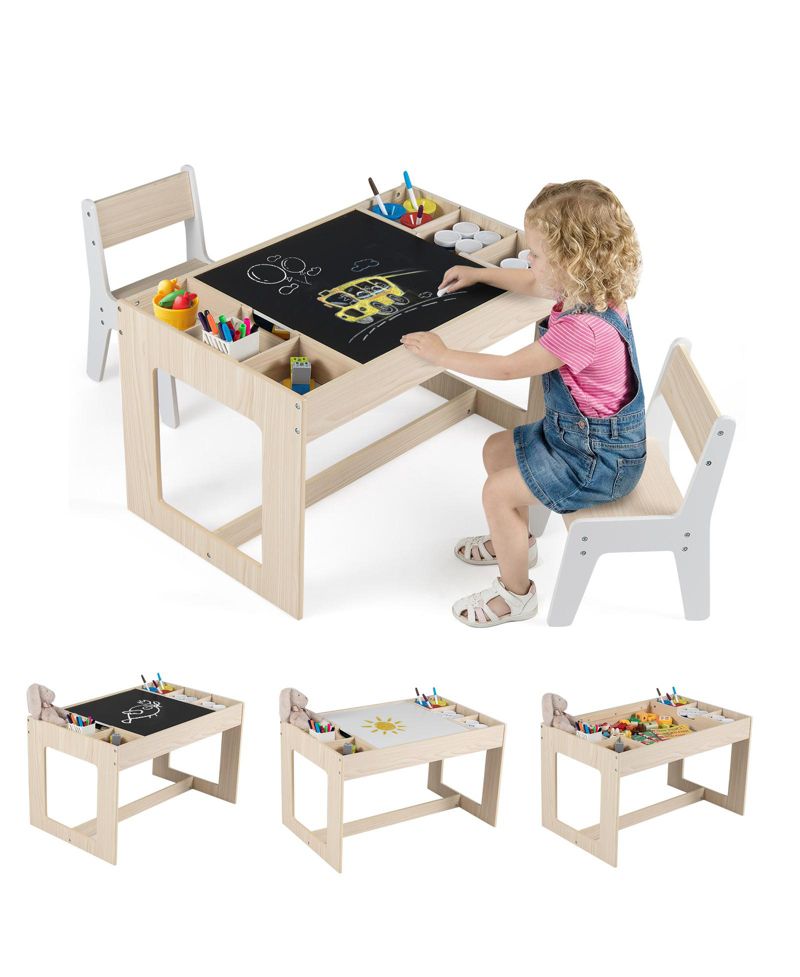 Multifunctional Kids Table and Chairs Set with Chalkboard