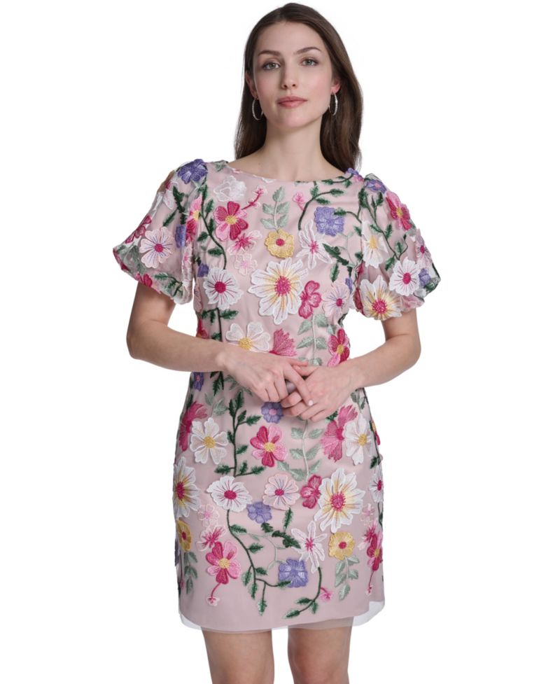 Women's Puff-Sleeve Boat Neck Shift Dress