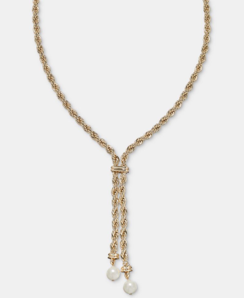 Imitation Pearl Rope Chain Lariat Necklace, 17"