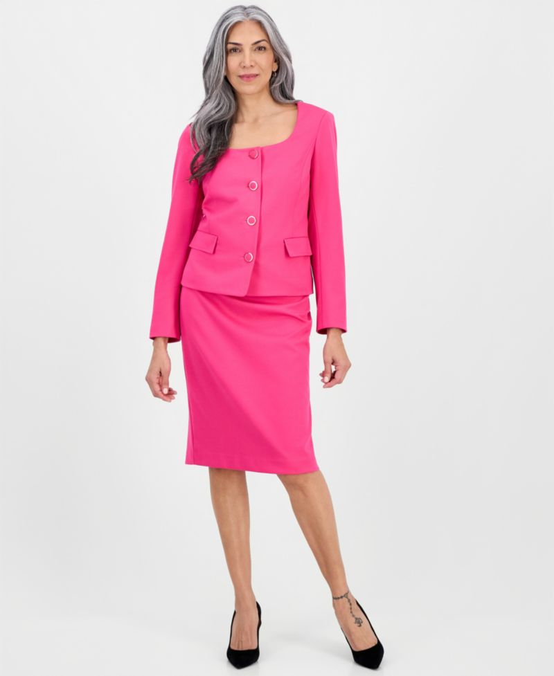 Women's Square-Neck Button-Front Ponte 2 Piece Skirt Suit