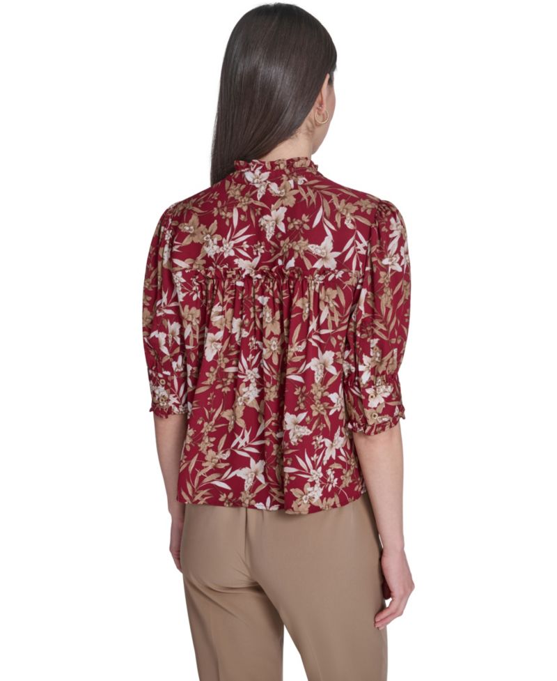 Women's Ruffle Puff-Sleeve Collared Shirt