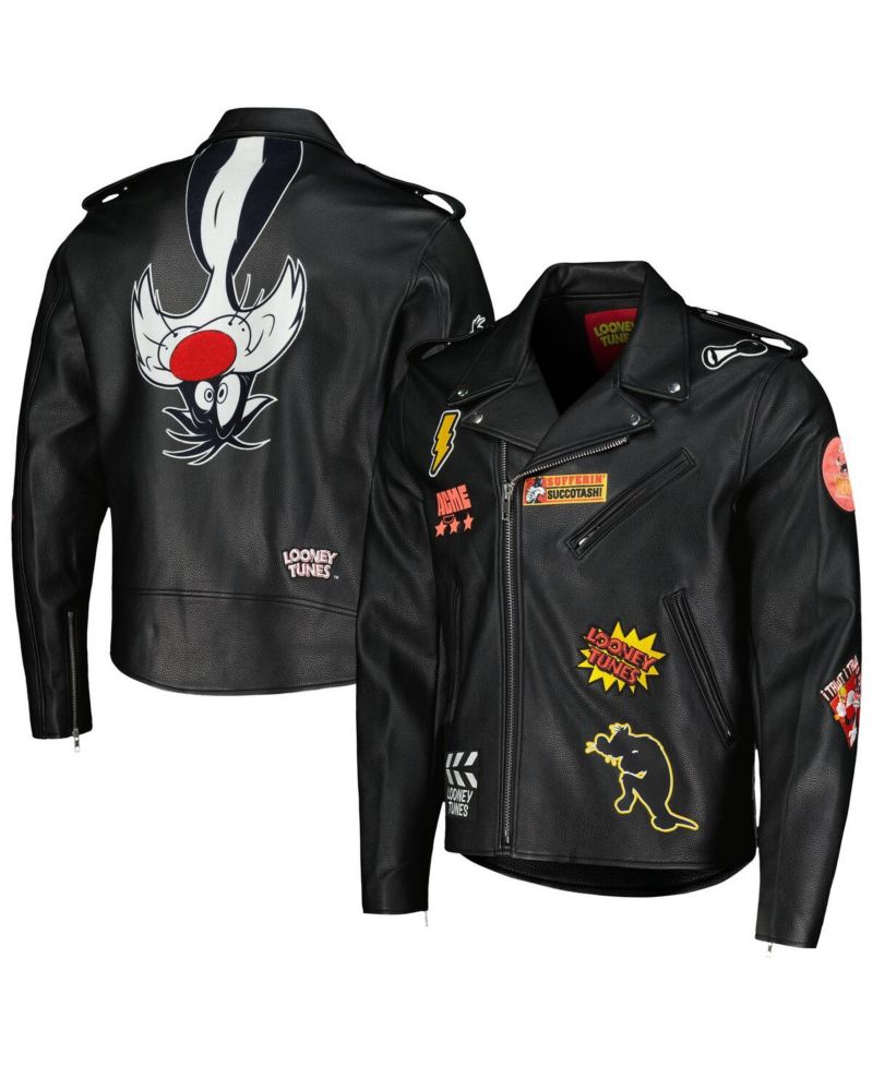 Men's Sylvester Black Looney Tunes Graphic Biker Full-Zip Jacket