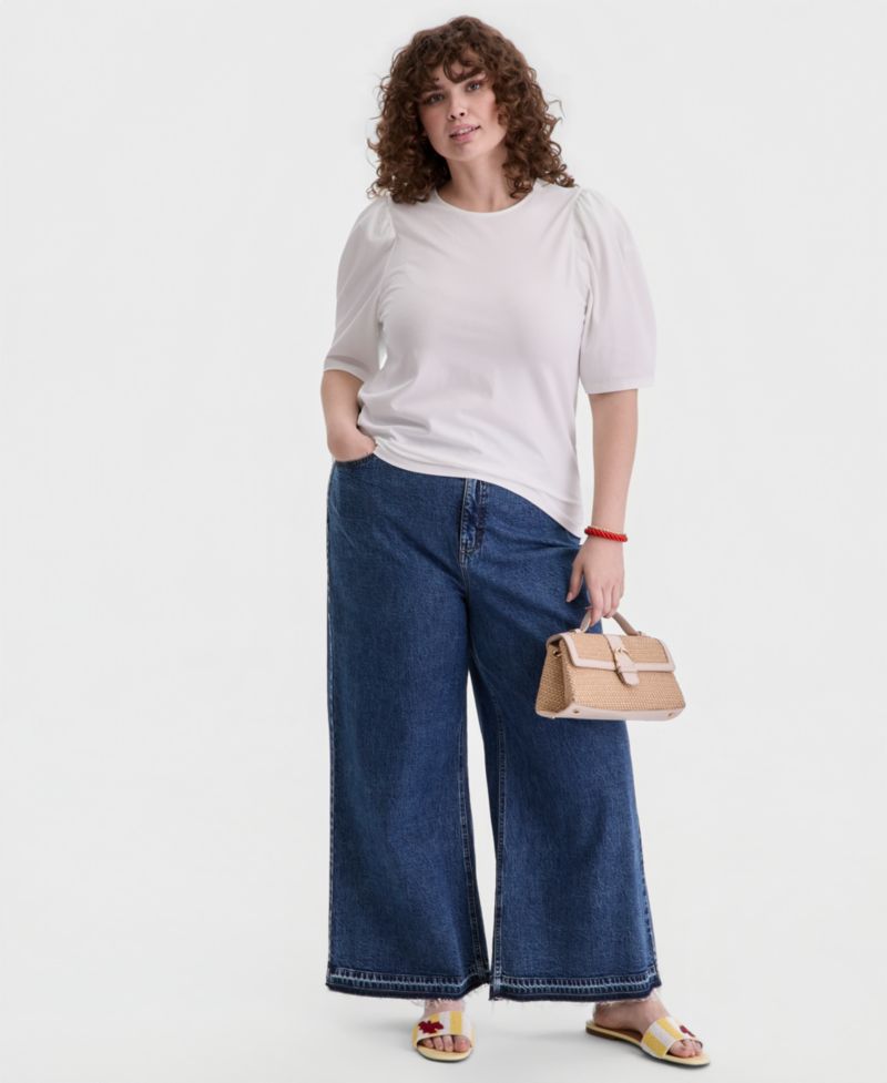 Trendy Plus Printed Ruched Puff-Sleeve Crewneck Top