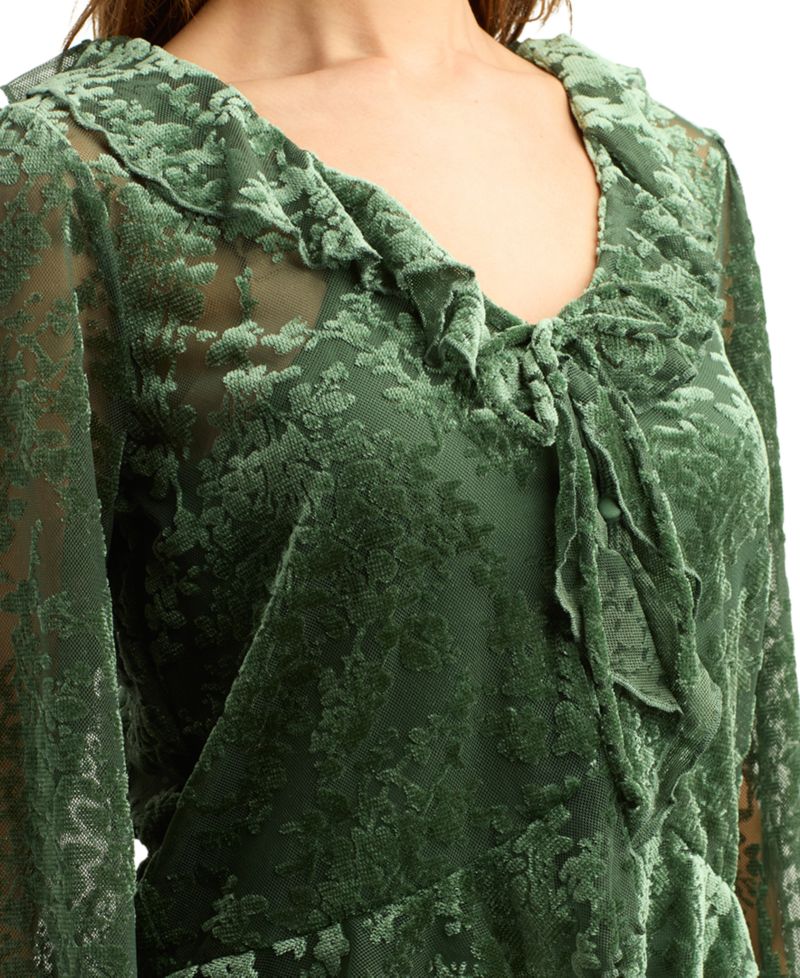 Juniors' Mesh Velvet Burnout Crop Long-Sleeve Blouse