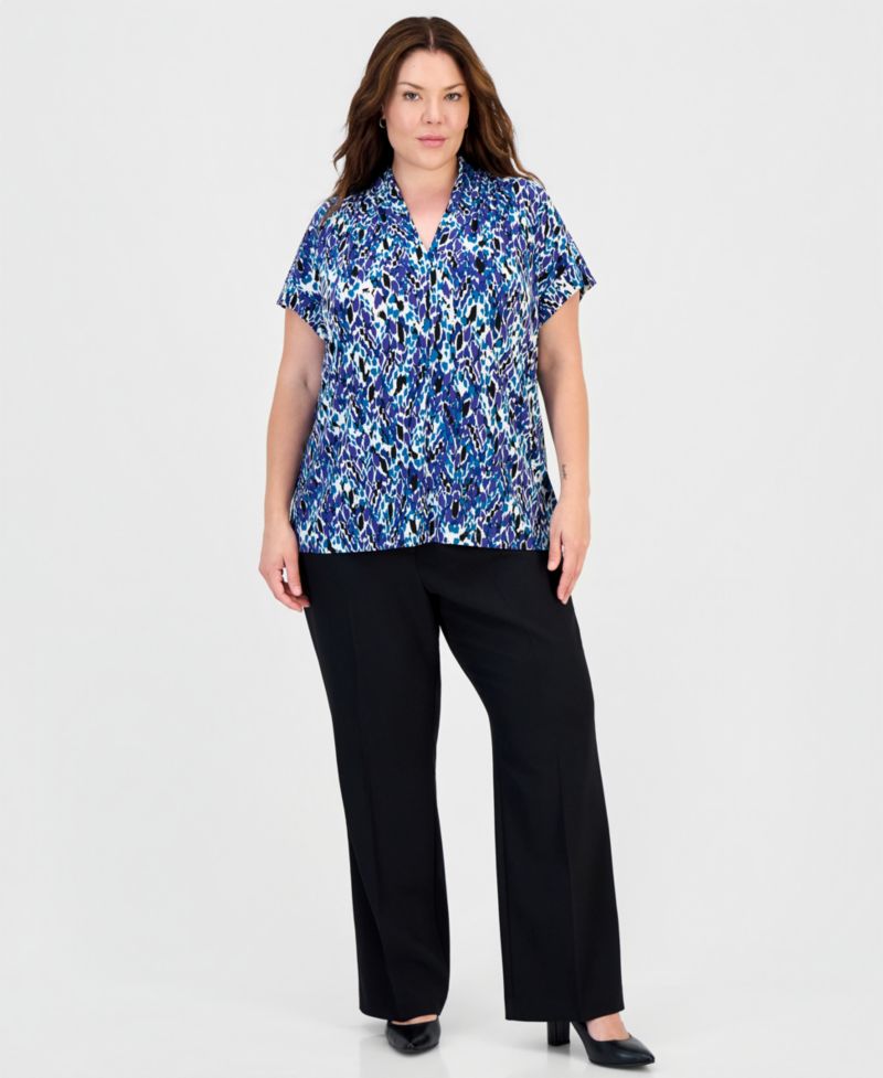 Plus Size Gathered V-Neck Short-Sleeve Blouse