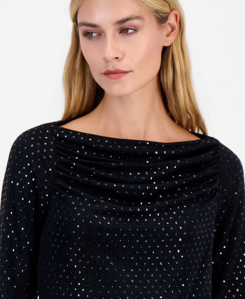 Women's Petite Allover-Sequin 3/4-Sleeve Boat Neck Blouse