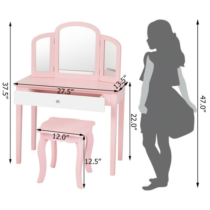Kids Princess Vanity Dressing Table Set with Tri-Fold Mirror and Chair