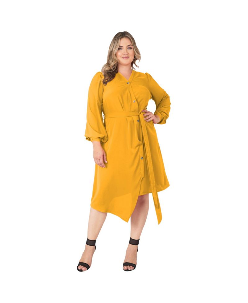 Plus Size Asymmetrical Hem Button-Up Wrap Lantern Sleeve Dress
