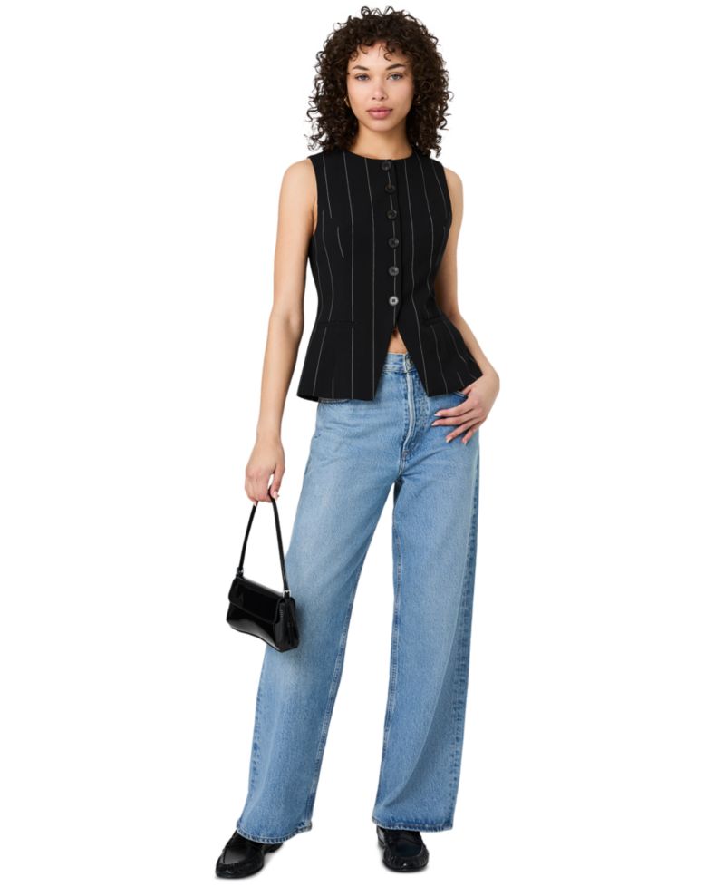 Women's Wide Pinstripe Suiting Sleeveless Peplum Top