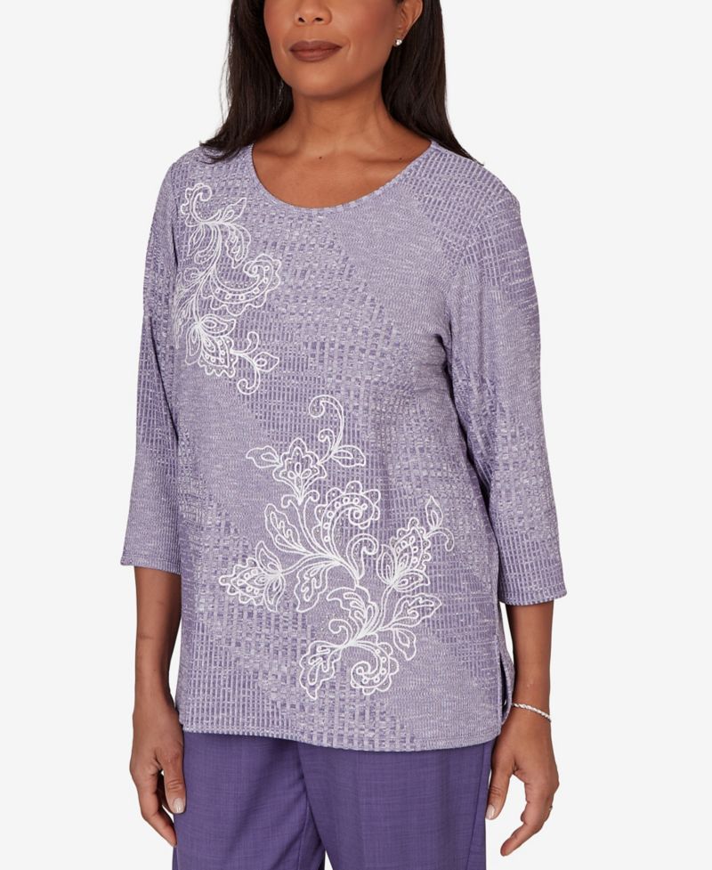 Petite Grand Bazaar Embroidered Diagonal Textured Knit Top