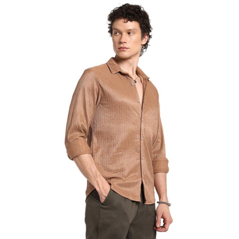 Men's Camel Beige Solid Creased Shirt