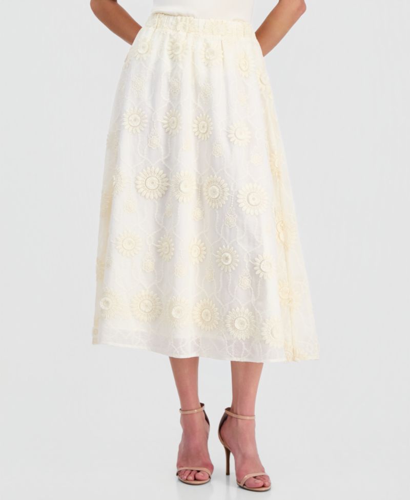 Women's Pull-On Floral-Embroidered Midi Skirt