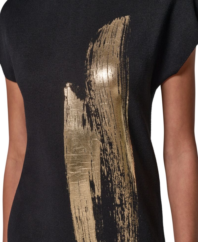 Petite Cap Sleeve Metallic-Print Graphic Midi Sweater Dress