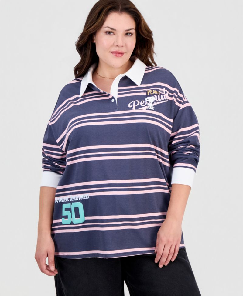 Plus Size Snoopy Athletic Rugby Striped Quarter Button Down Collar Cotton-Blend Polo Shirt
