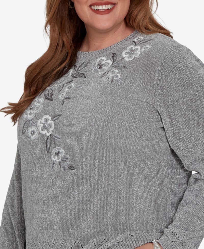 Plus Size Embroidered Floral Textured Chenille Sweater