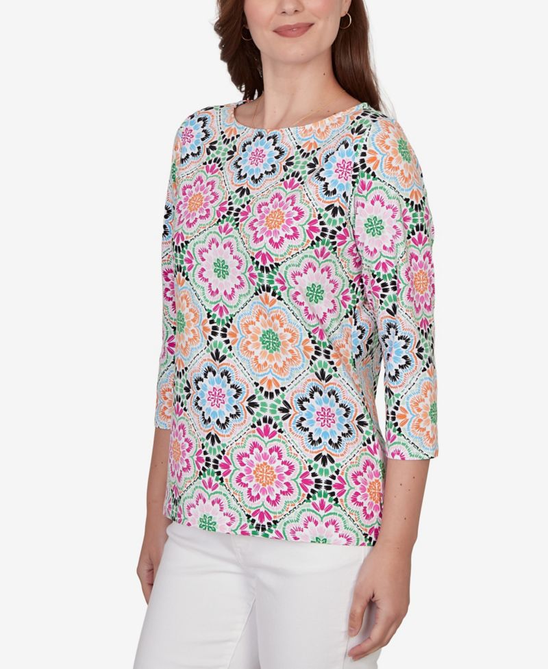 Petite Kaleidoscope Floral Boat Neck Knit Top