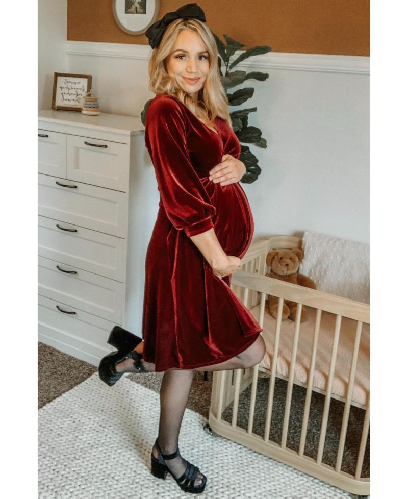 Women's Green Velvet Wrap Front Babydoll Dress