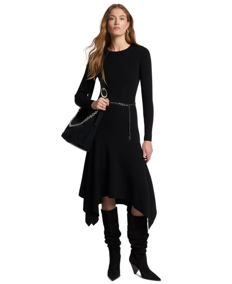Women's Merino Wool-Blend Handkerchief Hem Midi Sweater Dress