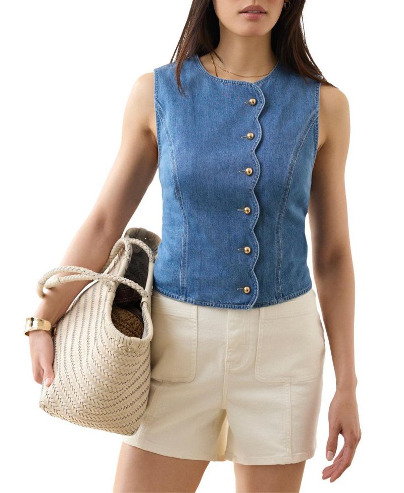 Women's Sleeveless Scallop Detail Denim Waistcoat