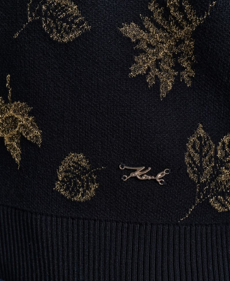 petite Metallic-Leaf Print Crewneck Sweater