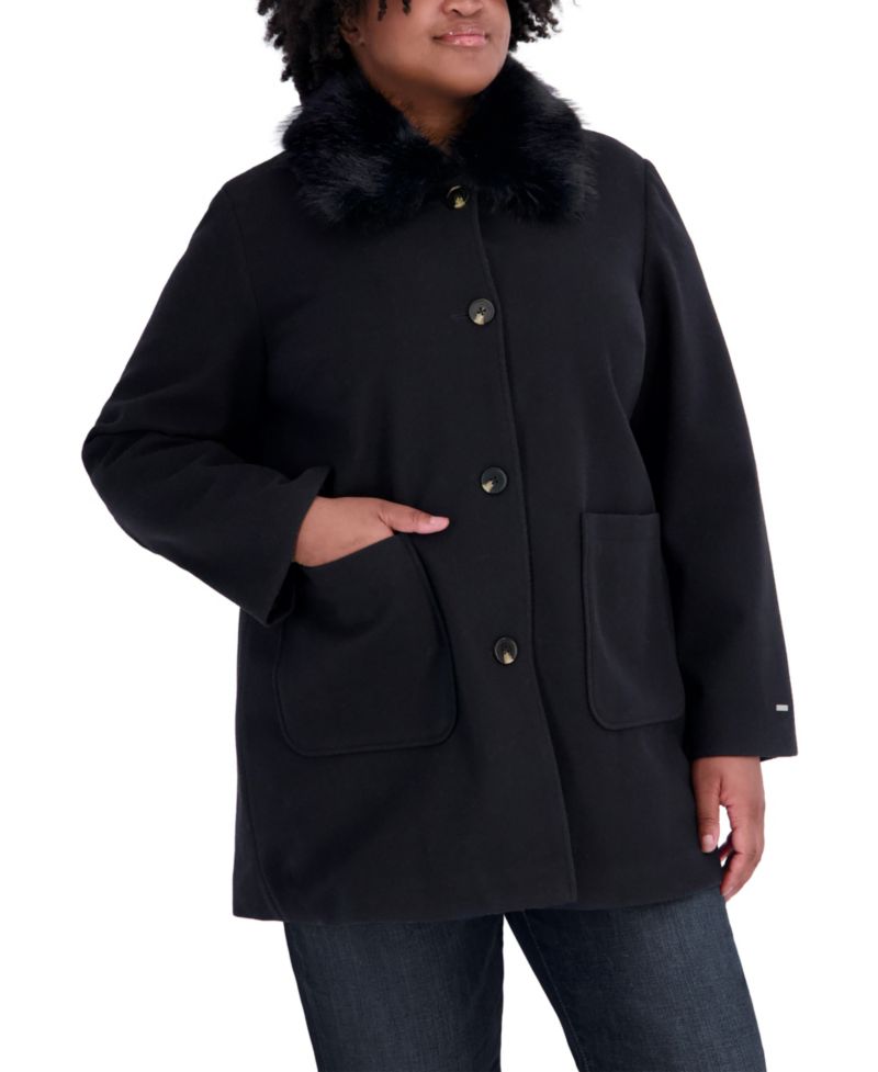 Plus Size Faux-Fur-Collar Car Coat
