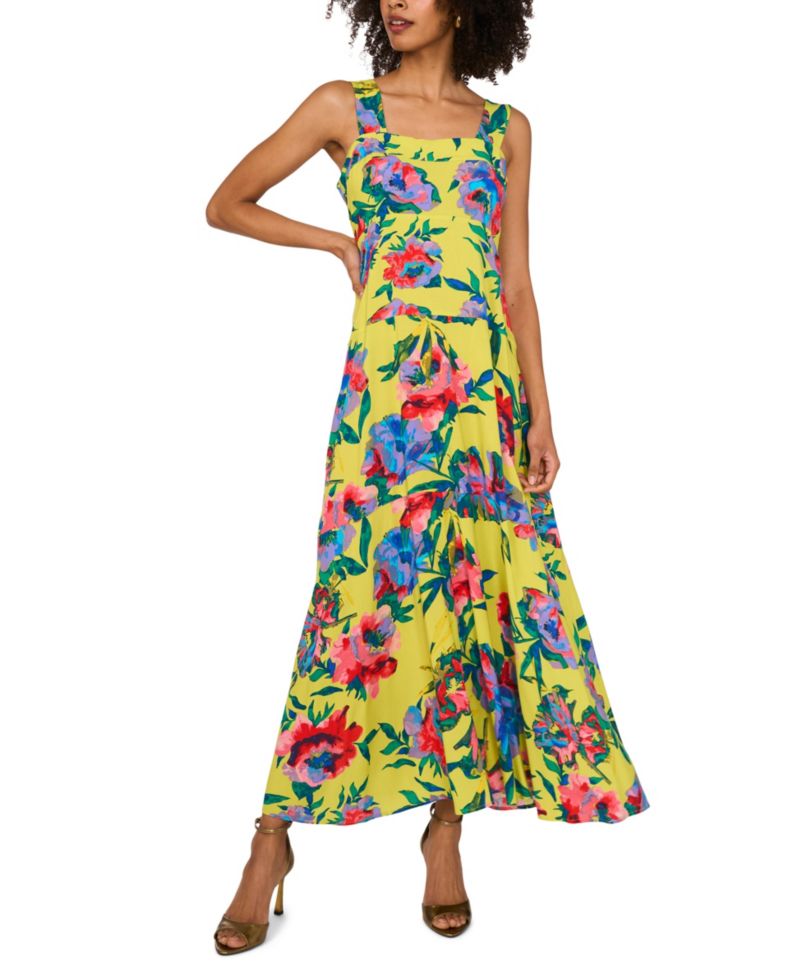 Women's Floral Square-Neck Smocked-Back Sleeveless Maxi Dress