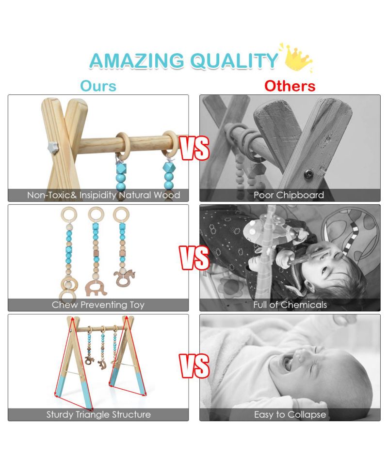 Toddler Wooden Gym with 3 Wooden Teething Toys Hanging Bar