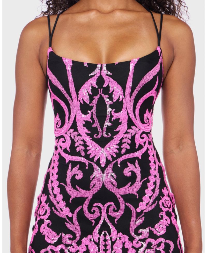 Juniors' Pattern Sequin Mesh Scoop Neck Mini Dress