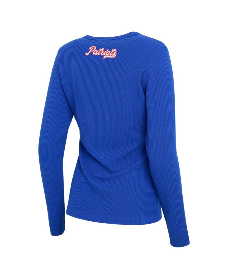 Women's Royal New England Patriots Ribbed Full-Button Cardigan Sweater