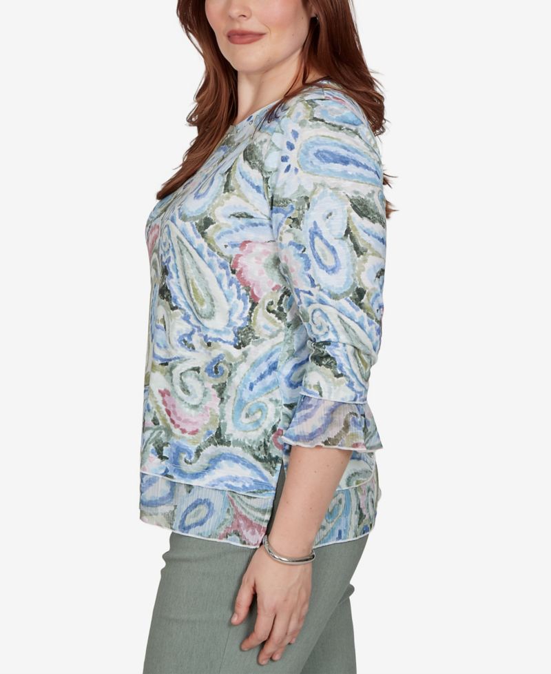 Petite Provence 3/4-Sleeve Woven-Paisley Knit Top