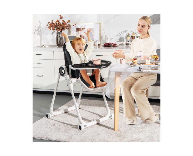 Girls High Chair Foldable Feeding Chair with 4 Lockable Wheels