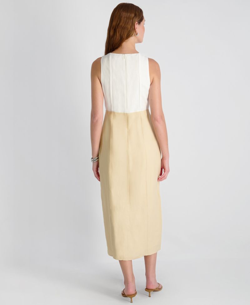 Women's Cooper Linen Contrast V-Neck Midi Dress