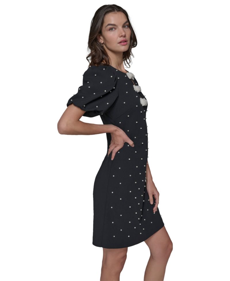 Women's Scuba Crepe Sheath with Neckline Pearl Bow Details Dress