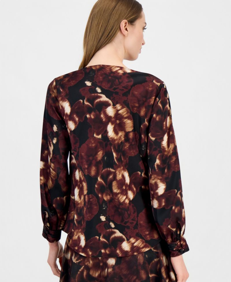 petite Floral-Print Long-Sleeve Drape Neck Blouse