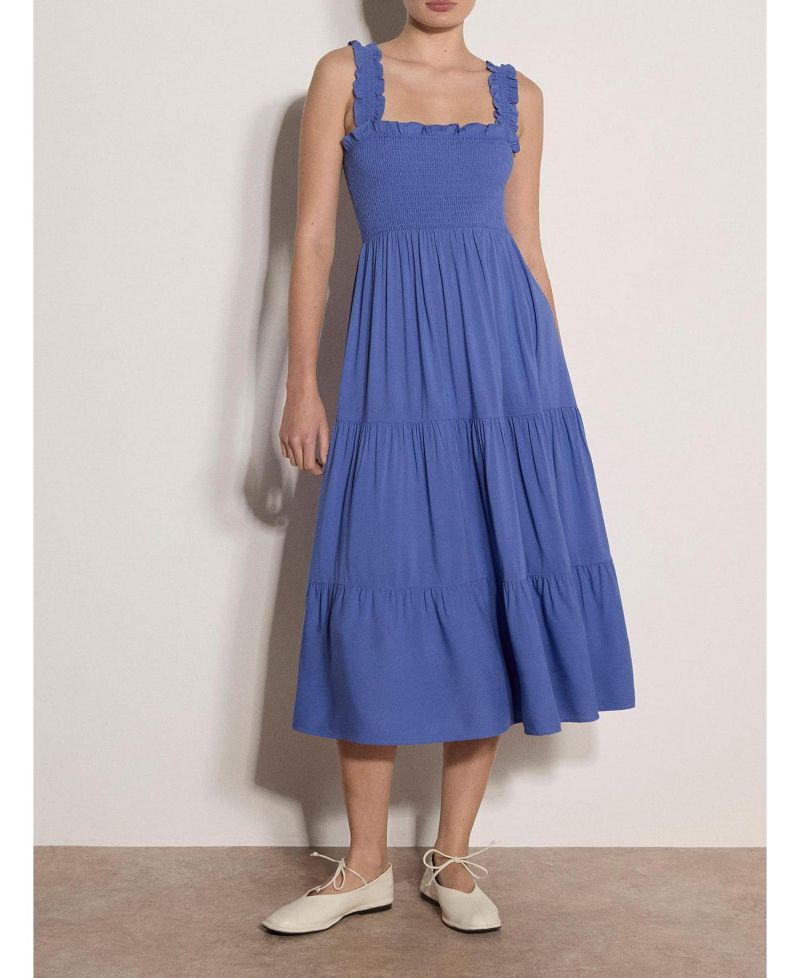 Women's Slub Smock Tiered Midi Square Neck Dress