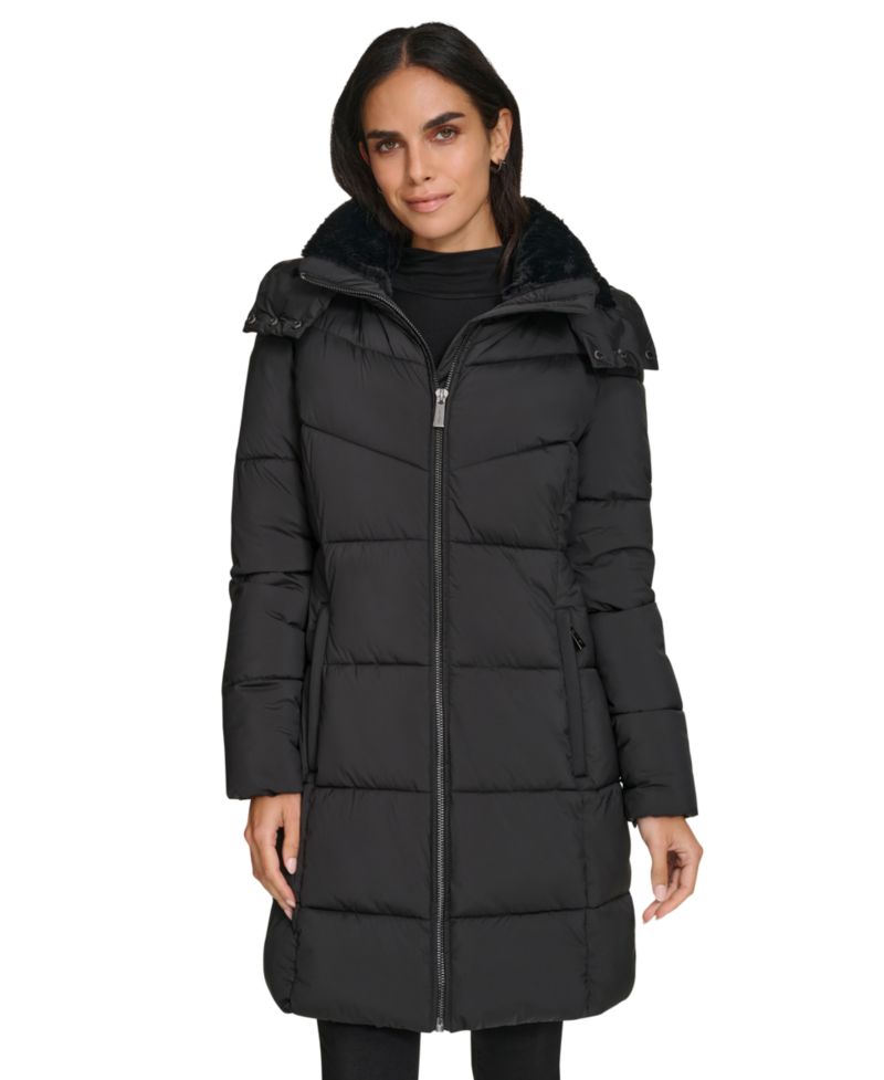 Women's Hooded Faux-Fur-Lined Midi Puffer Coat