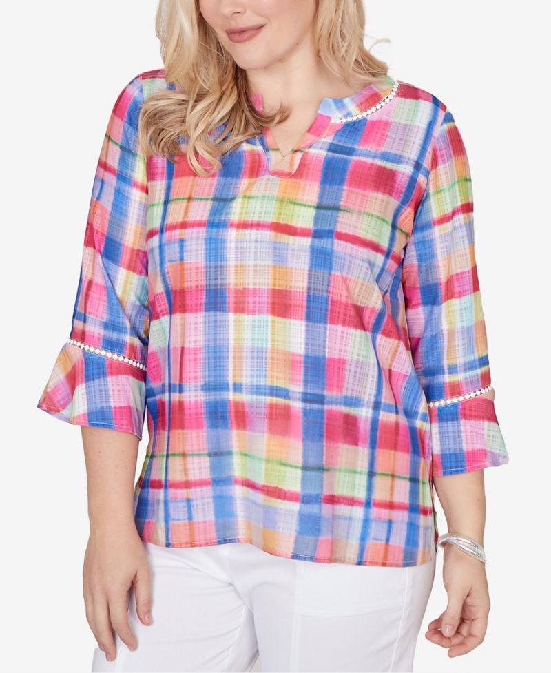 Petite The Royal Treatment Watercolor Split Neck Bell Sleeve Top