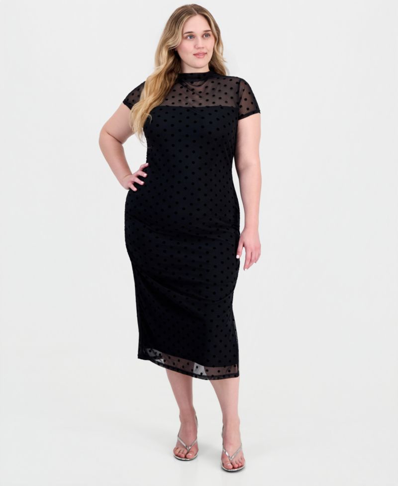 Plus Size Polka-Dot Ruched Mock-Neck Short-Sleeve Midi Dress