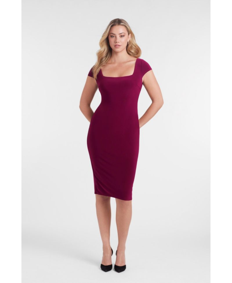 Women's Sculpting Shapewear Square Neck Cap Sleeve Solid Midi Dress